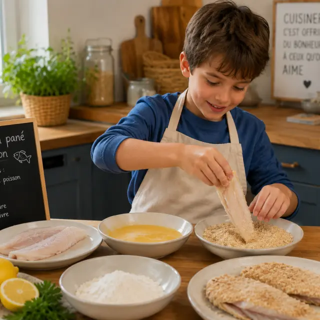 Petit garçon qui prépare du poisson pané maison