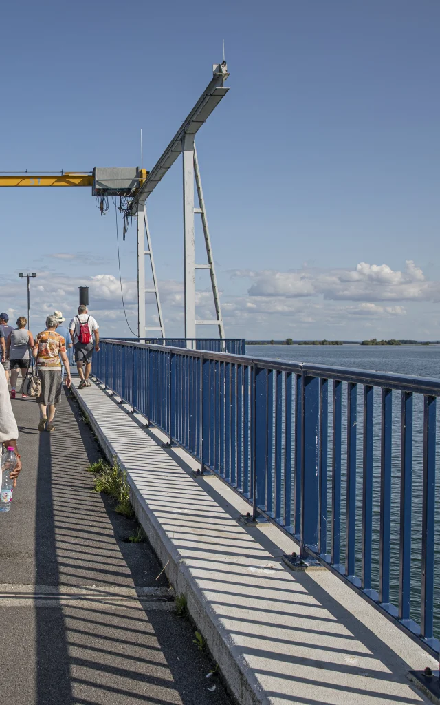 Deux personnes marchent sur une jetée dans le cadre d'une visite technique au Lac du Der