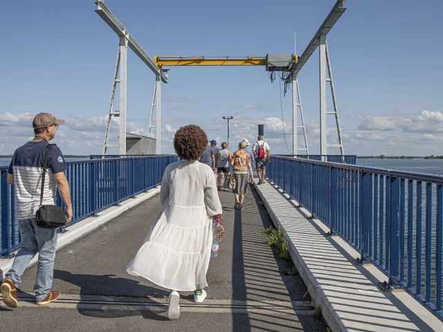 Deux personnes marchent sur une jetée dans le cadre d'une visite technique au Lac du Der