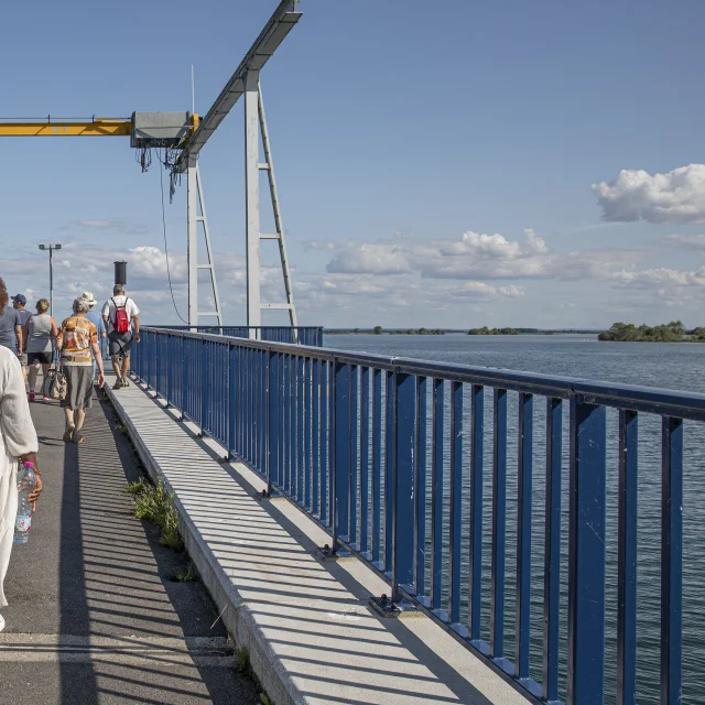 Deux personnes marchent sur une jetée dans le cadre d'une visite technique au Lac du Der