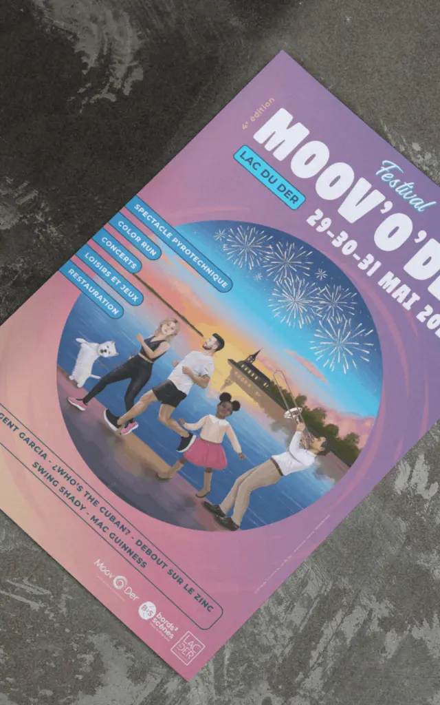 Affiche de l'évènement Festival Moov'O'Der posée sur une surface d'élément noire.