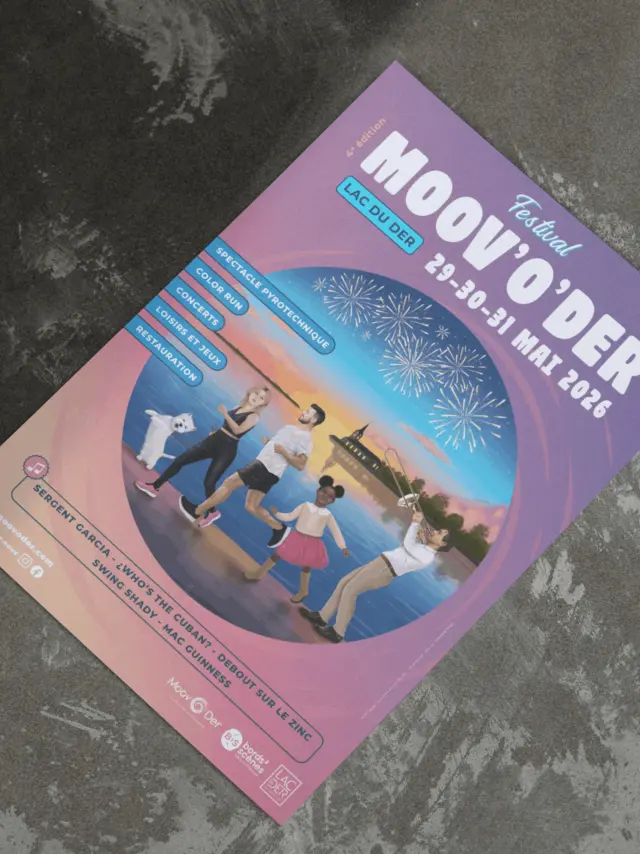 Affiche de l'évènement Festival Moov'O'Der posée sur une surface d'élément noire.