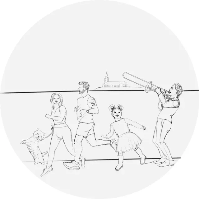 Croquis d'illustration présentant 5 personnages déambulant au bord d'un lac
