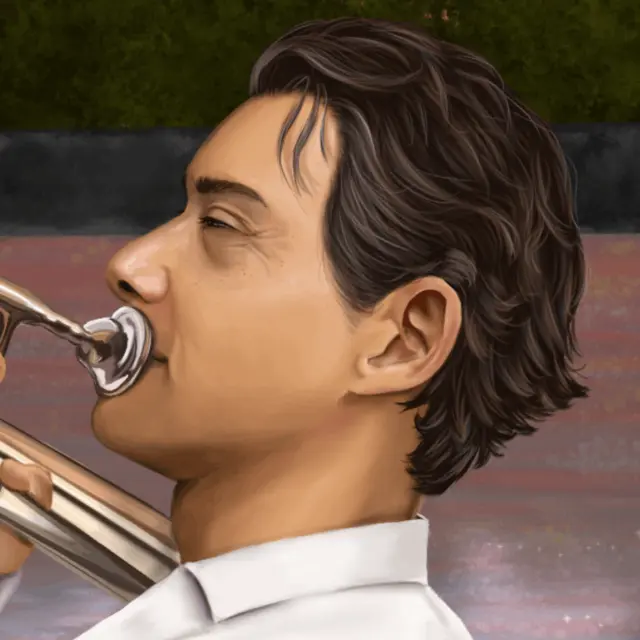 Illustration d'un homme jouant du trombone au bord d'un lac