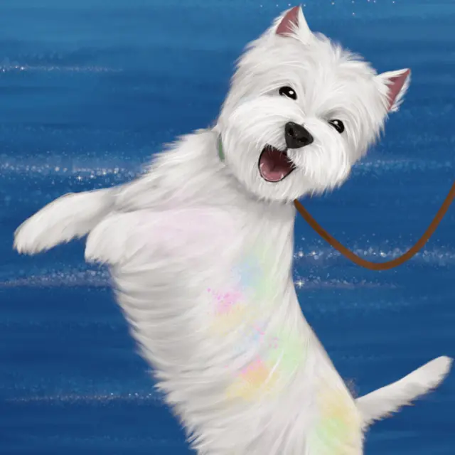 Illustration d'un Chien Westie en équilibre sur ses pattes arrière et tenu en laisse au bord d'un lac