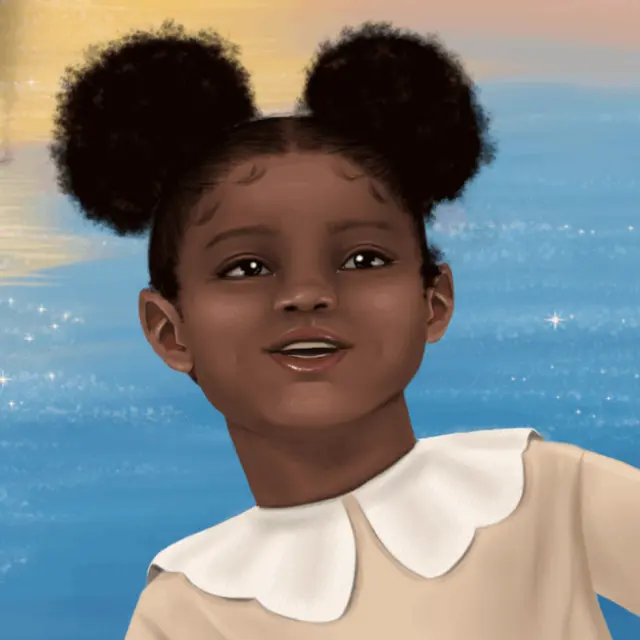 Illustration d'une fillette aux cheveux bruns, crépus, et coiffée d'un double chignon.