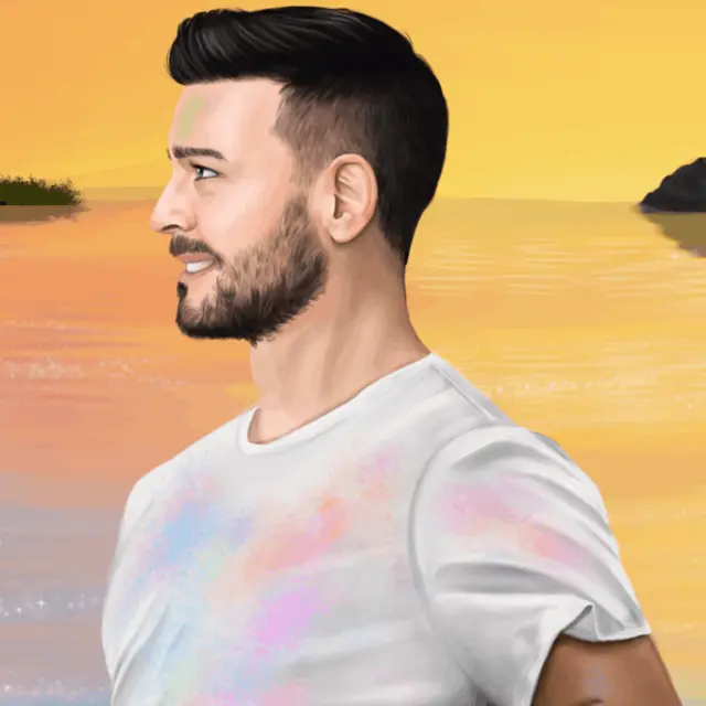 Illustration d'un homme avec une barbe et des cheveux courts en train de courir au bord d'un lac. Ses vêtements sont tâchés de poudre colorée