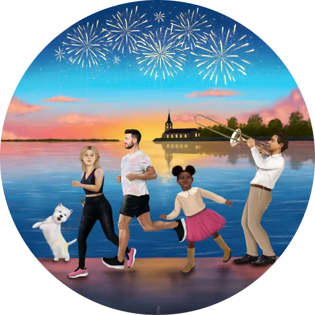 Illustration de deux coureurs, une fillette, un musicien jouant du trombone et un chien déambulant au bord d'un lac au coucher du soleil