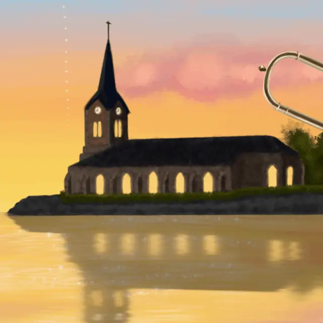 Illustration d'une église au bord d'un lac au soleil couchant (église de Champaubert)