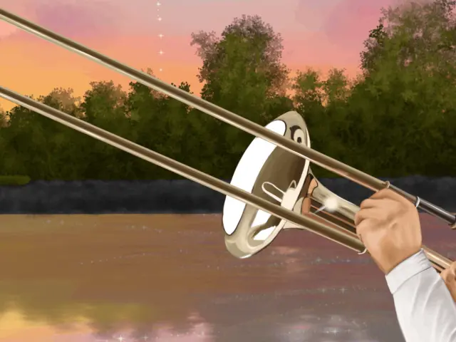 Illustration d'un joueur de trombone en train de jouer de son instrument au bord d'un lac