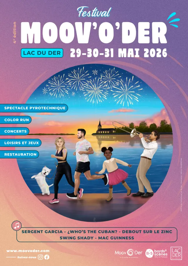 Affiche de l'évènement Moovoder, annotée d'informations pratiques et illustrée avec des personnages déambulant devant un décor de lac