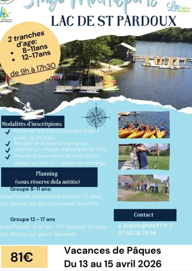 Stage Multisports Base Nautique Et De Plein Air 13 15 Avril 2026 Lac De Saint Pardoux