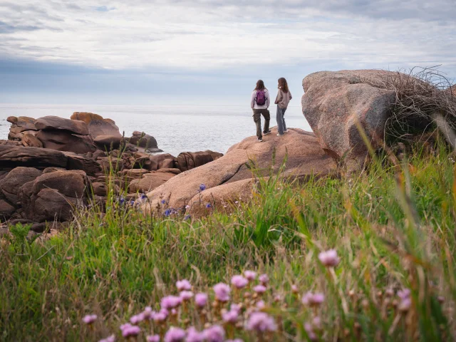Un couple se tient debout au somment d'un rocher de granit rose et regarde la mer