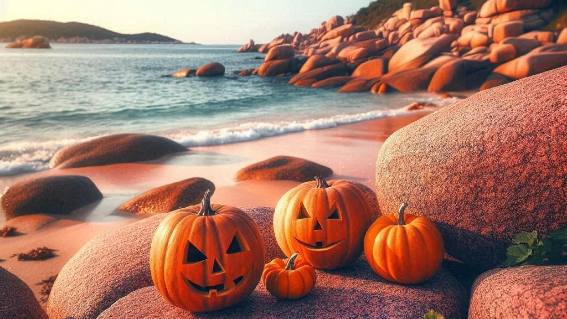 Un sorcière et des chauves-souris volent au dessus d'une plage de la Côte de Granit Rose et des citrouilles style Jack O'Lanternes sont posées sur le sable