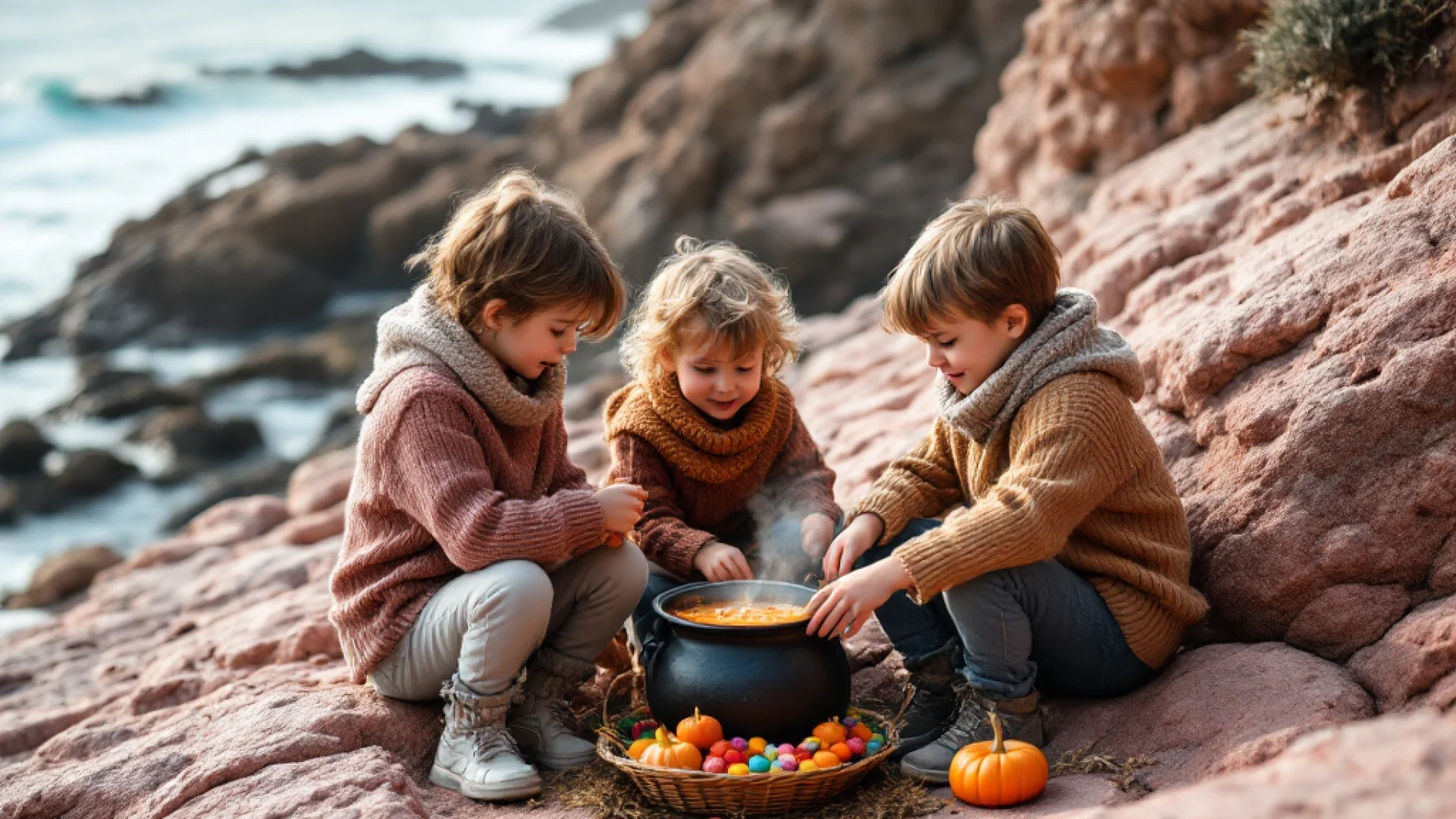 Des enfants jouent pour Halloween en faisant une soupe de citrouille sur des rochers de la Côte de Granit Rose