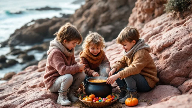 Des enfants jouent pour Halloween en faisant une soupe de citrouille sur des rochers de la Côte de Granit Rose