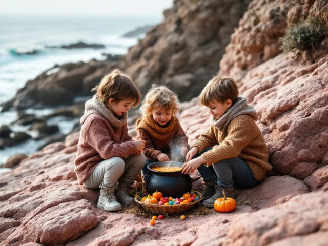 Des enfants jouent pour Halloween en faisant une soupe de citrouille sur des rochers de la Côte de Granit Rose