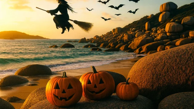 Hexe Und Kürbisse An Der Küste Des Rosa Granits Halloween