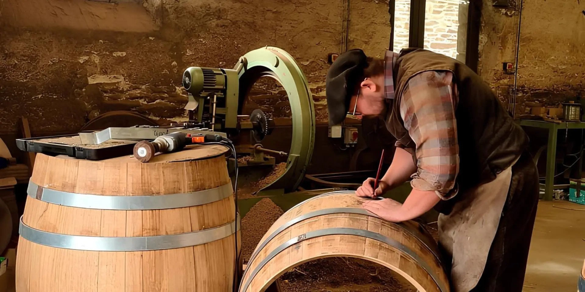 Benjamin Lefloc'h, tonnelier de Lannion, fabrique un tonneau de manière artisanale