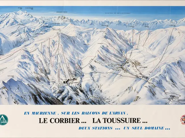Vue panoramique de montagnes enneigées avec des stations de ski et des remontées mécaniques