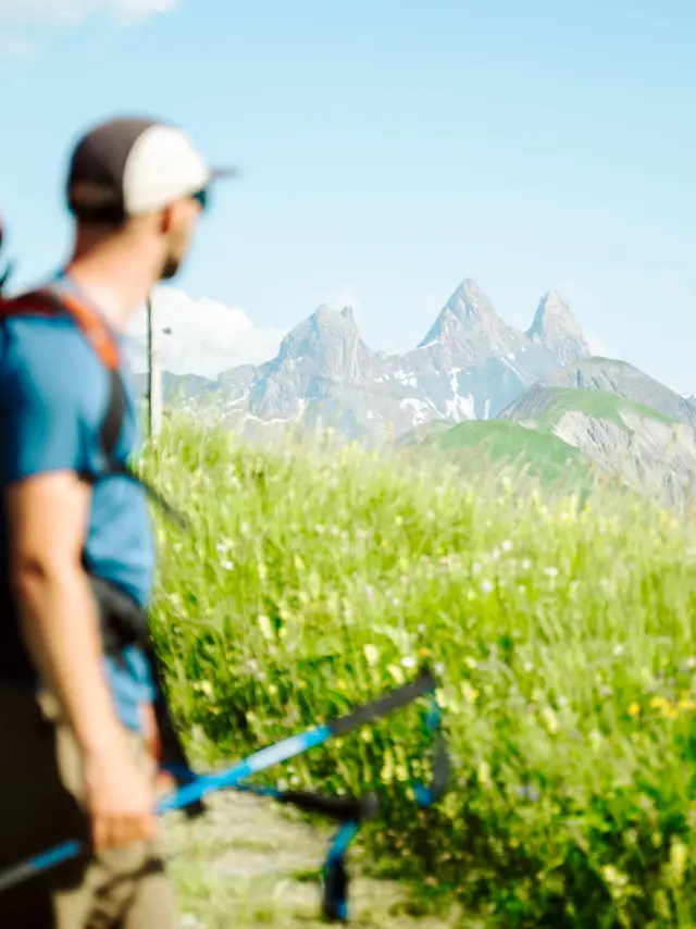 Deux personnes en tenue de randonnée, l'une tenant un bâton, marchant dans un champ de fleurs avec des montagnes enneigées en arrière-plan