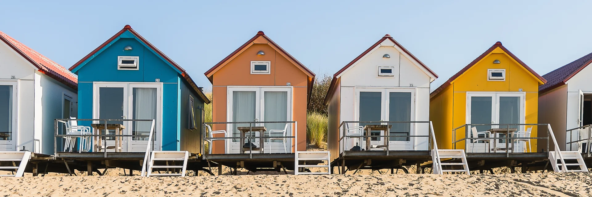 A wide angle shot of Camping De Nolle in Vlissingen, Netherlands under a blue sky