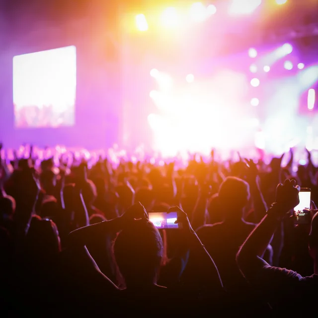 silhouettes of concert crowd in front of bright stage lights