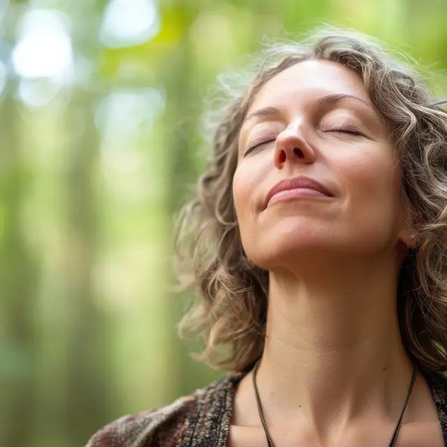 A Canadian Woman Enjoys Fresh Air In A Serene Forest Environment