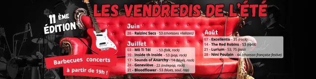 Affiche programme des vendredi de l'été. Le programme est noté sur un canapé rouge entouré d'instruments de musique.