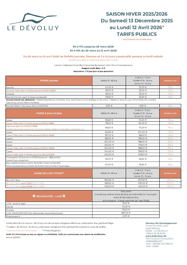 Tarifs des remontées mécaniques Hiver 2025-2026