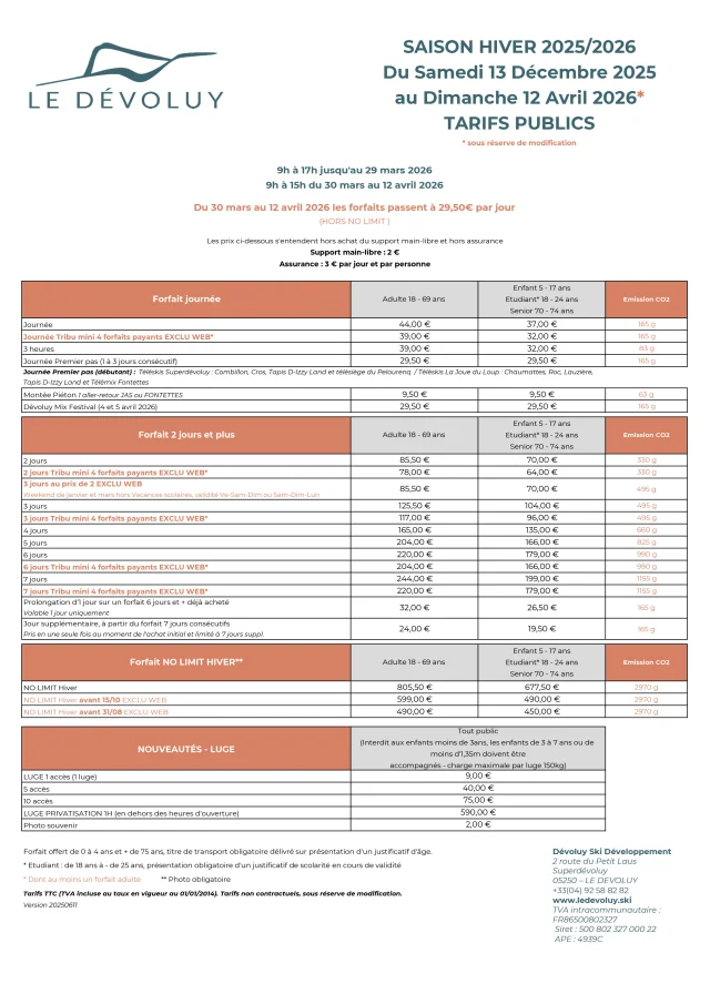 Tarif Public Hiver 2026 20251017