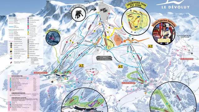 Pistekaart van het skigebied Le Dévoluy met de alpiene en nordische zones tussen Superdévoluy en La Joue du Loup.