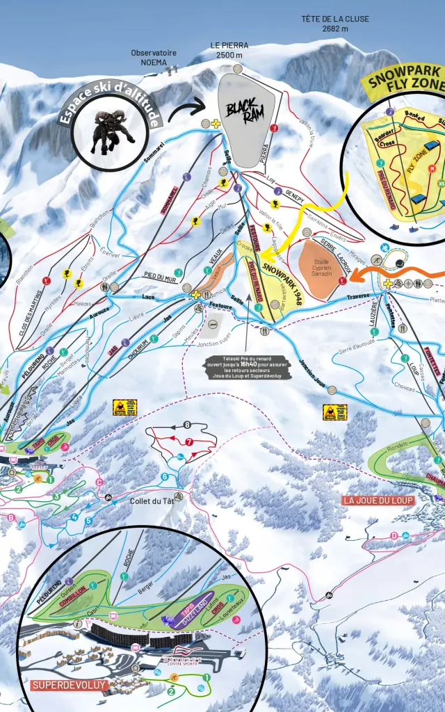 Plan des pistes du domaine skiable du Dévoluy présentant les secteurs alpin et nordique entre Superdévoluy et La Joue du Loup.