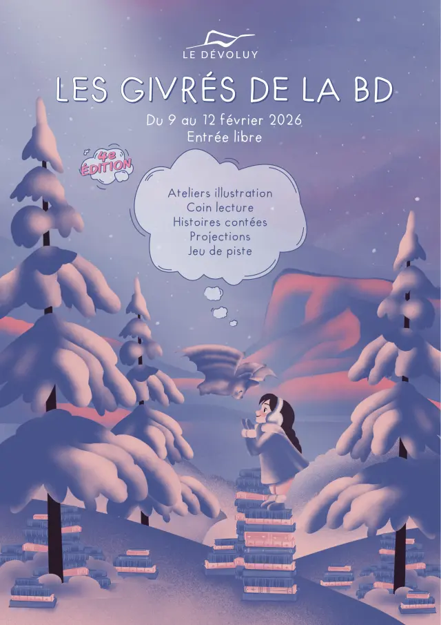 Geïllustreerde affiche van het stripfestival Les Givrés de la BD in Le Dévoluy, met een winters landschap, boeken en een kind dat droomt van verhalen.