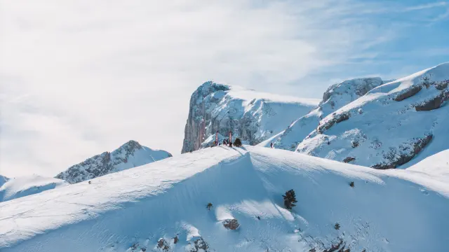 Winter landscape of Pic de Bure seen from the Le Dévoluy ski area, covered in snow.
