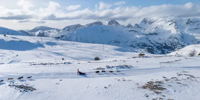 Sled dog team moving along a snowy trail in a vast mountain landscape.