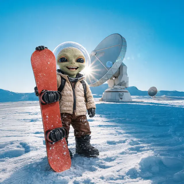 Un petit martien souriant tient un snowboard sur la neige du Plateau de Bure, avec les antennes de l’observatoire en arrière-plan.