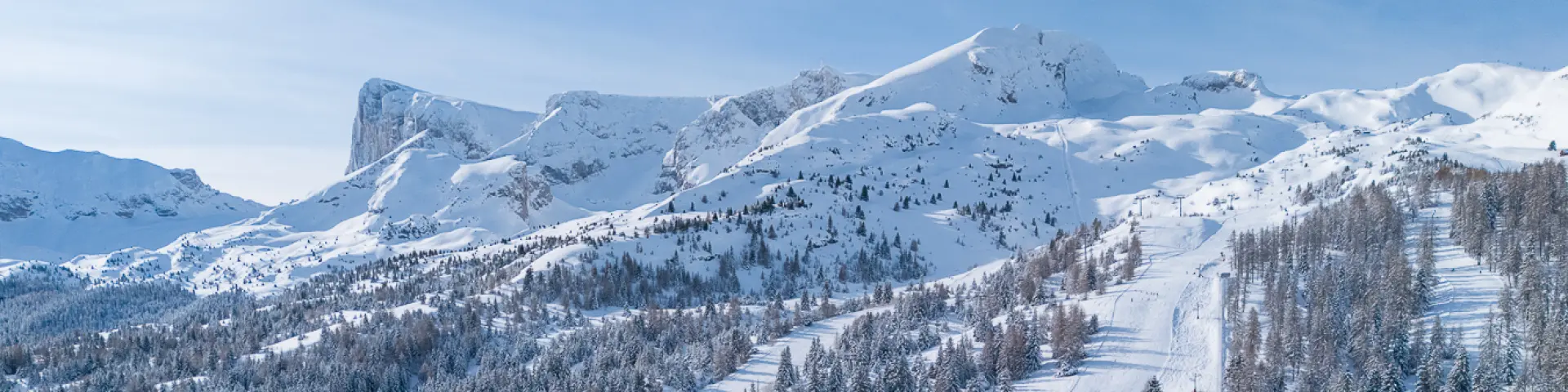 Vue aérienne de pistes de ski traversant une forêt enneigée avec de hauts sommets en arrière-plan.