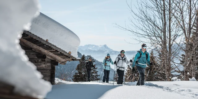 Randonnée raquettes en groupe au Grand-Bornand