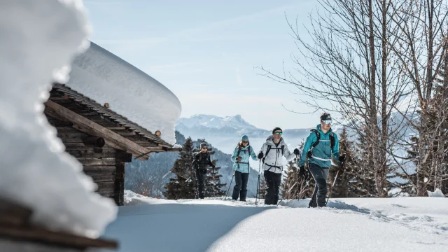 Randonnée raquettes en groupe au Grand-Bornand