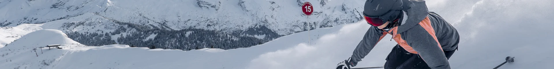 Deux skieurs dévalent une pente enneigée à grande vitesse, laissant derrière eux un nuage de poudreuse. L'un porte une veste grise et rose avec un casque noir, tandis que l'autre est vêtu d'une veste rouge. La chaîne des Aravis est présente en arrière-plan, sous un ciel bleu partiellement nuageux. La scène capture l'intensité et l'adrénaline du ski.