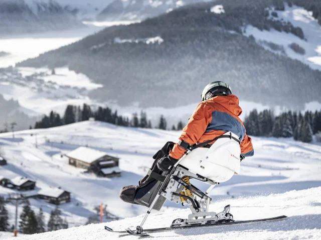 Eine Person mit eingeschränkter Mobilität betreibt Handskifahren in einer verschneiten Umgebung. Der Skifahrer trägt einen schwarzen, orangefarbenen und grauen Skianzug und einen schwarzen Helm. Im Hintergrund können wir das Bargy-Massiv erkennen. Die Atmosphäre ist sehr sanft und heiter.