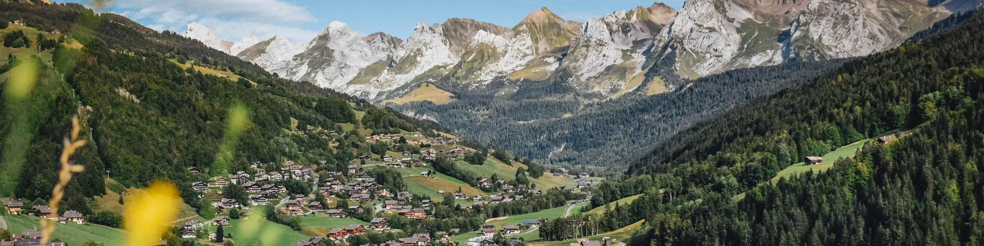Vue du Village en été du Grand-Bornand avec des fleurs jaunes floues en premier plan. Belle vue sur la chaîne des Aravis, dans une nature verdoyante.