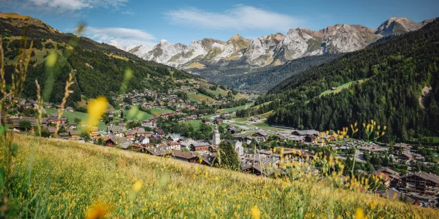 Vue du Village en été du Grand-Bornand avec des fleurs jaunes floues en premier plan. Belle vue sur la chaîne des Aravis, dans une nature verdoyante.