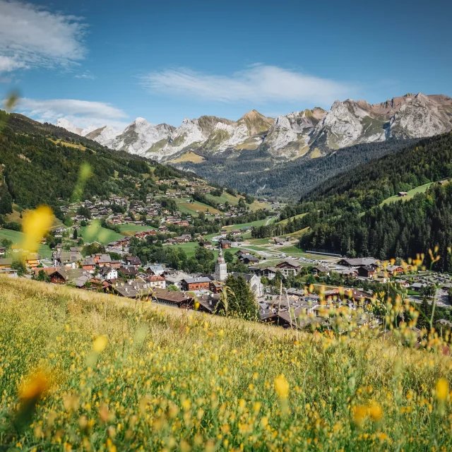 Vue du Village en été du Grand-Bornand avec des fleurs jaunes floues en premier plan. Belle vue sur la chaîne des Aravis, dans une nature verdoyante.
