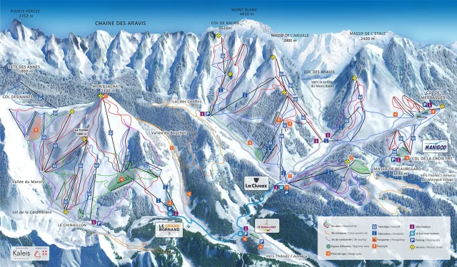 Plan décrivant les différentes stations du massif des Aravis ainsi que leur pistes de ski alpin