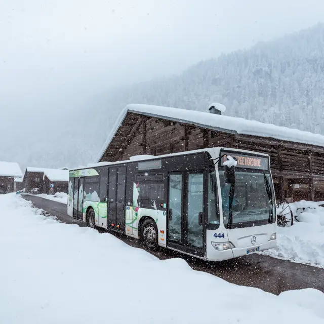 Un bus de transport public stationné sur une route enneigée devant un chalet en bois, avec une forêt de sapins enneigée en arrière-plan.