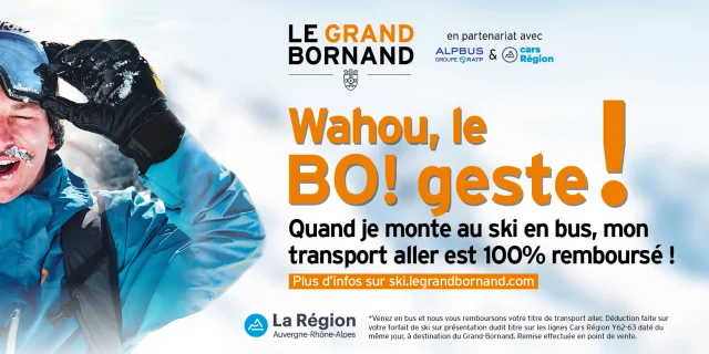 Smiling skier with snow on his face in Grand-Bornand - Le BO! offer: 100% reimbursed one-way bus travel with ski pass.