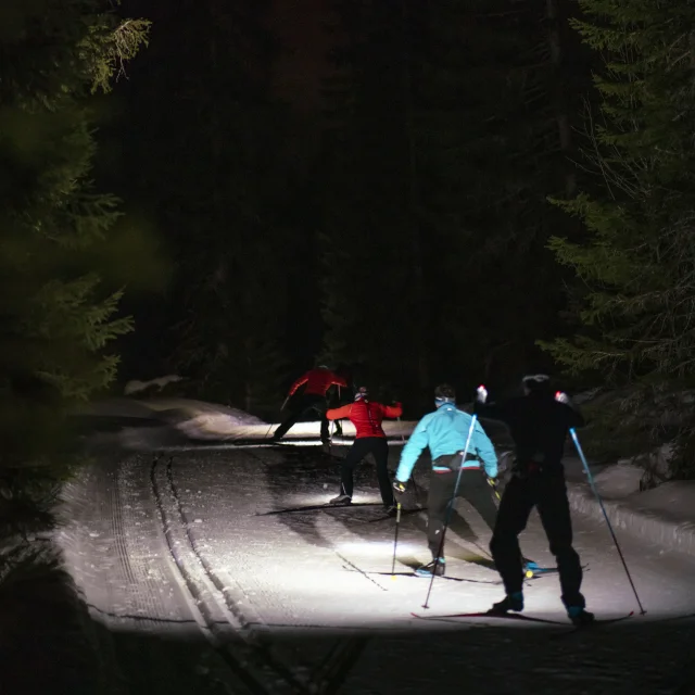 4 fondeurs de dos se suivent de nuit sur une piste enneigée avec des lampes frontales
