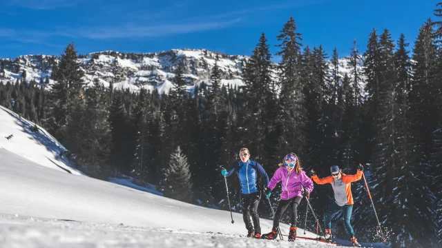 Trois skieurs en tenue colorée pratiquant le ski de fond sur un sentier enneigé, entourés de sapins et de montagnes sous un ciel bleu.